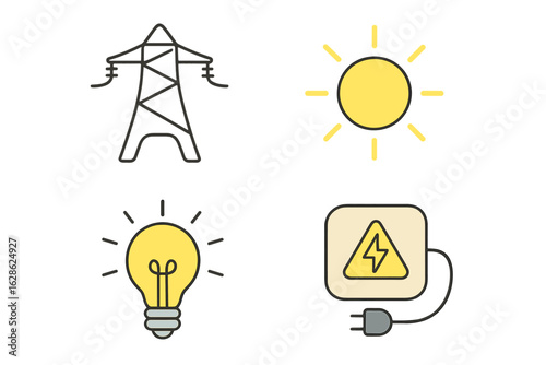 Visual representation of energy sources including electricity, sunlight, and lighting concepts