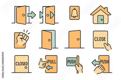 Collection of hand-drawn door signs and symbols indicating opening and closing actions in a minimalist style