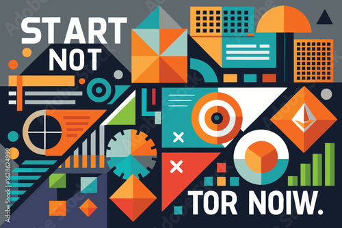 Abstract geometric composition start now tor now in a modern color palette with multiple shapes and elements
