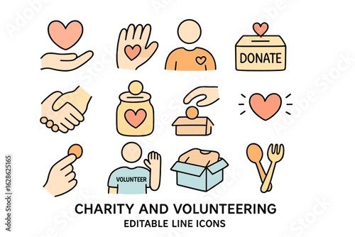 Symbols representing charity and volunteering activities for community support and engagement