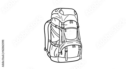 Backpacking camping hiking travel rucksack trekking gear outdoor adventure equipment bag vector line art design