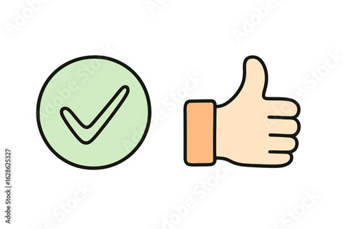 Check mark symbol and hand gesture indicating approval in simple graphic design
