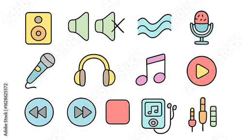 Colorful music and audio icons arranged in a grid depicting sound elements and controls