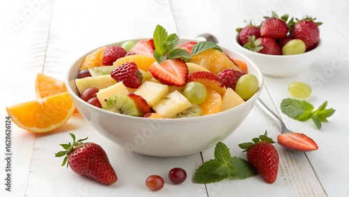 Bowl of healthy fresh fruit salad on white background