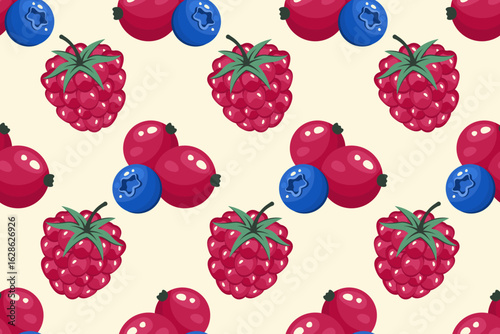 Fruits Seamless pattern. Berries background. Red currants, blueberry, raspberry on white background. Repeatable texture with fresh juicy vitamin. Vector illustration