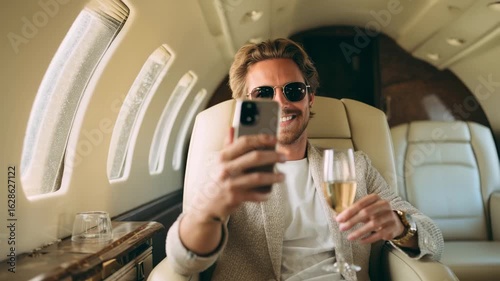 Luxury jet passenger toasting champagne while recording a cheerful selfie mid-flight