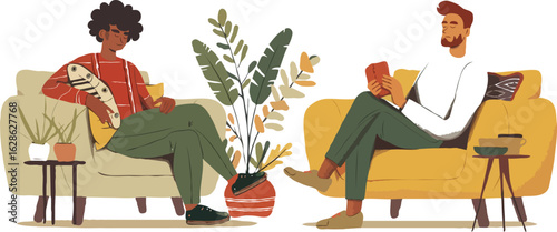 Cozy Companions Reading in Comfort A Relaxing Afternoon with Books and Greenery Among Friends Enjoying Literary Pursuits Together