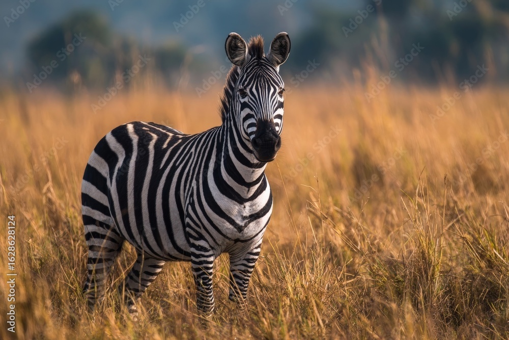 Naklejka premium Majestic zebra grazing in the golden grasslands of Africa during a tranquil afternoon