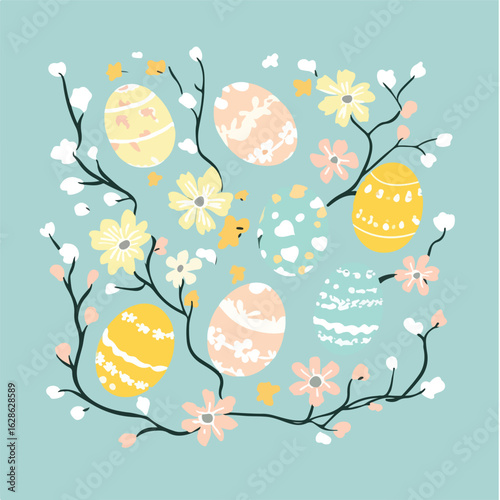 Vibrant Easter eggs with flowers and bran
