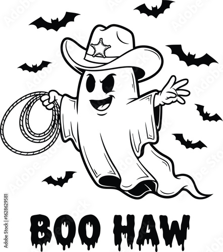 Cowboy ghost with lasso and bats Boo Haw text Halloween illustration ghost cowboy spooky