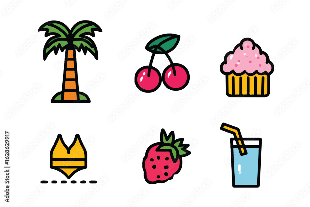 Fototapeta premium Summer Icon Set with Tropical Elements and Refreshing Treats for Beach Vacation Designs and Creative Projects