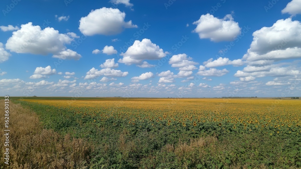 Fototapeta premium Vast expanse of sunflowers under a partly cloudy sky.