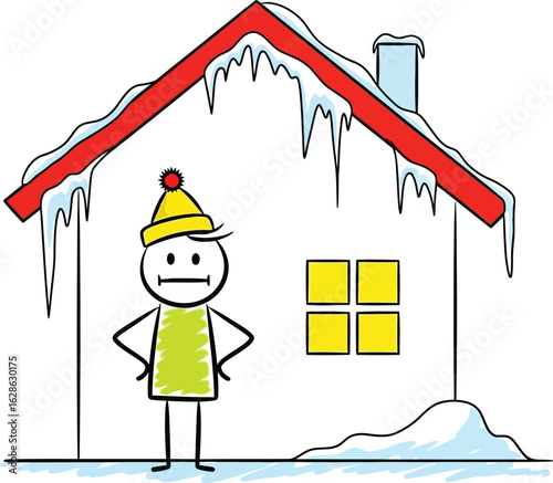 Cartoon winter house with icicles and stick figure illustration