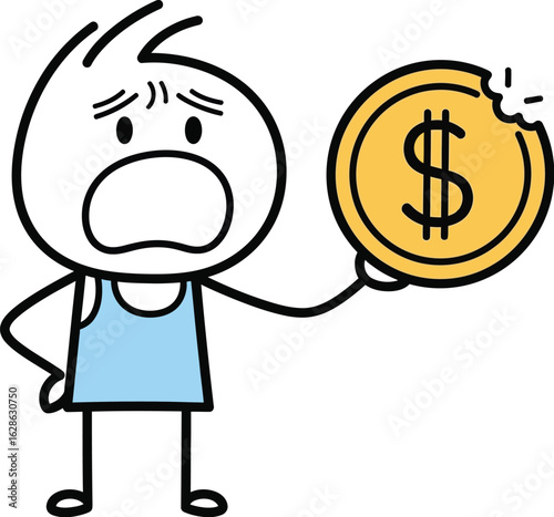Cartoon character with bitten coin financial loss and bad economy