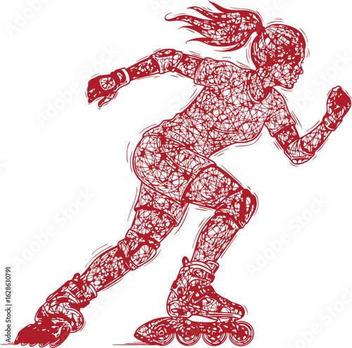 Red ink sketch of a woman rollerblading with motion blur effect female athlete
