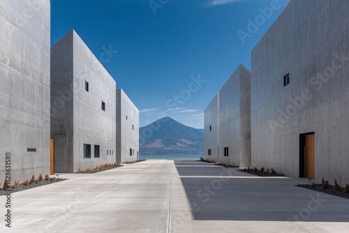Modern concrete architecture alongside a tranquil landscape with a mountain view in bright sunlight