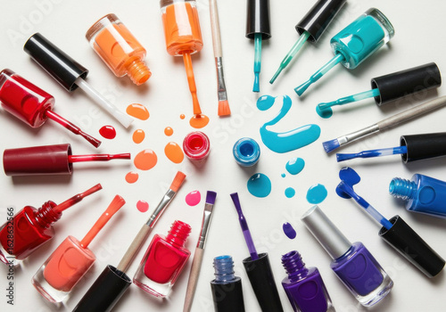 Colorful nail polish bottles arranged in a circle.