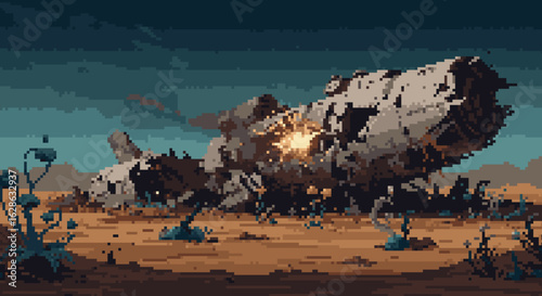 Dystopian Landscape with a Crashed Spacecraft