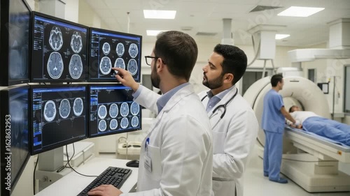 Two medical professionals analyzing brain scans on multiple monitors in a modern hospital radiology room while a patient undergoes a CT scan in the background showcasing advanced healthcare technology