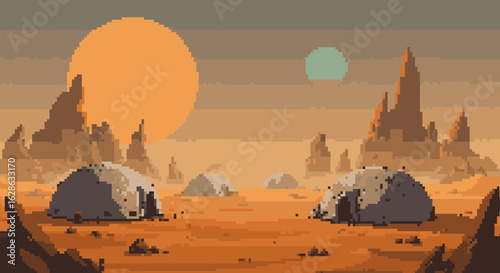 Pixel Art Desert Landscape with Two Suns