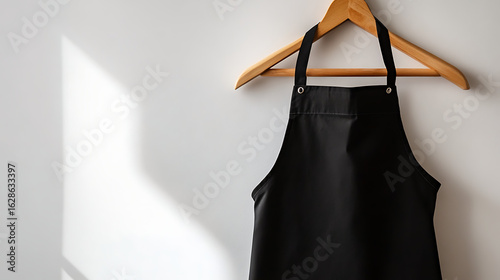 A black apron hanging on a wooden hanger against a white wall