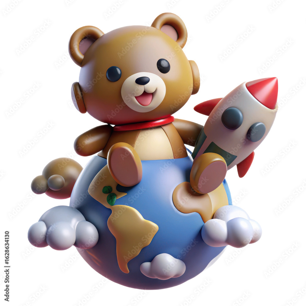 Naklejka premium Cute cartoon teddy bear astronaut sitting on planet earth holding a rocket isolated on transparent background