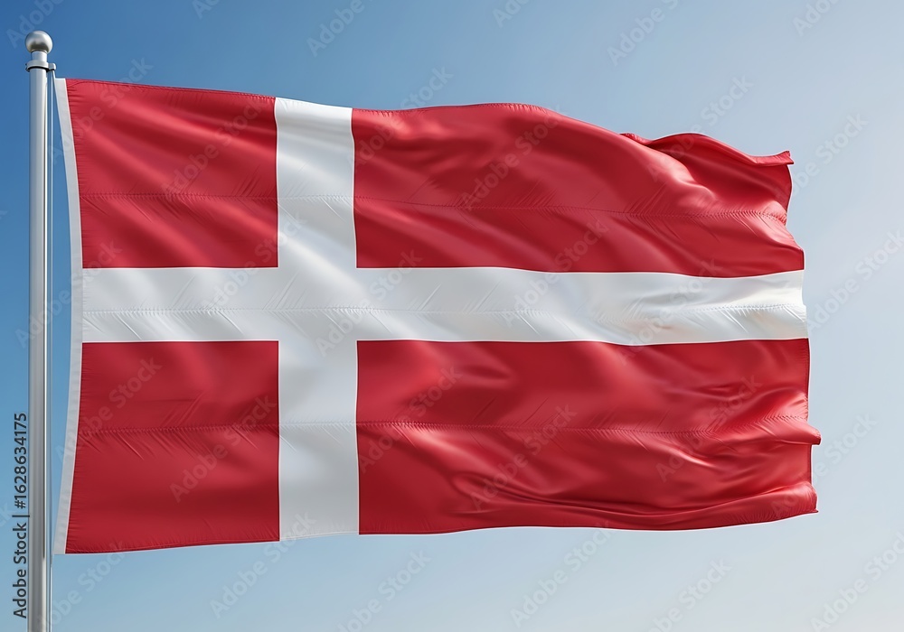 Fototapeta premium Denmark's national flag, the red and white Dannebrog, waving on a flagpole under a beautiful blue sky.