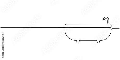 Bathtub continuous one line drawing illustration. Hand Drawn Symbol Vector Illustration, bathtub with shower continuous one line drawing.  Simple bath in single line draw illustration. 