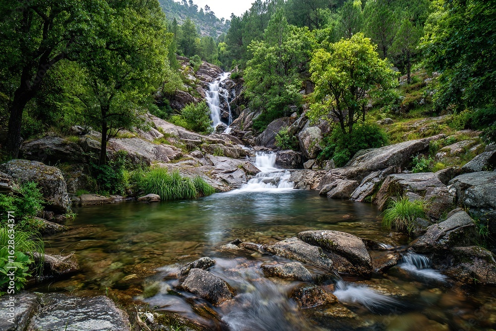 Naklejka premium Scenic view of a tranquil waterfall flowing over mossy rocks into a natural pool, surrounded by vibrant green forest and rugged terrain. A peaceful nature scene ideal for themes of relaxation, outdoor