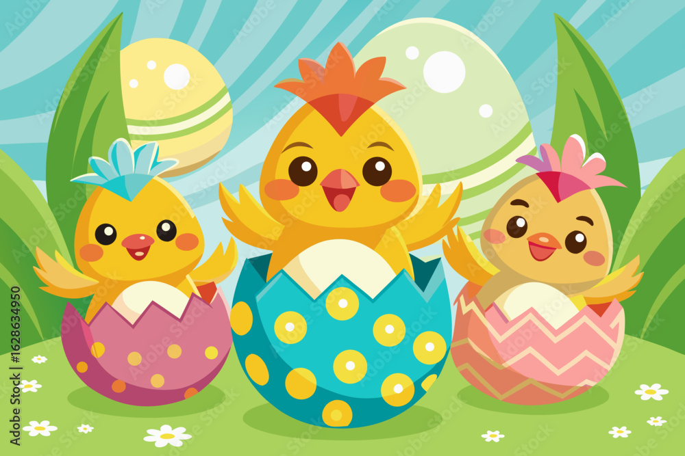 Obraz premium Cartoon chicks popping out of colorful Easter eggs vector illustration