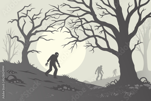 A classic horror night with silhouetted zombies and dead trees vector illustration