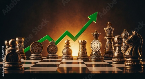 Chess pieces on chessboard with green arrow pointing up show business growth