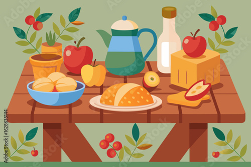 A farmhouse table with apple cider fresh bread and fall decorations vector illustration