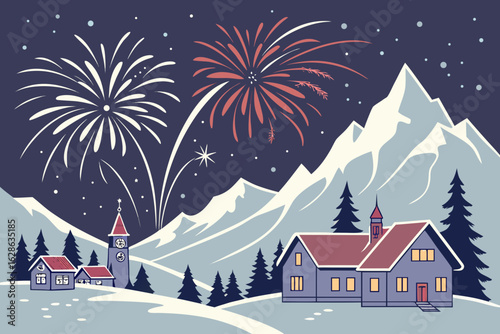 Fireworks over a snowy mountain town celebrating the New Year vector illustration