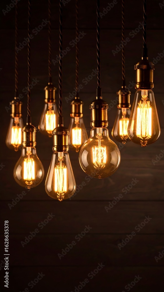Obraz premium Vintage Edison bulbs, warm glow, hanging