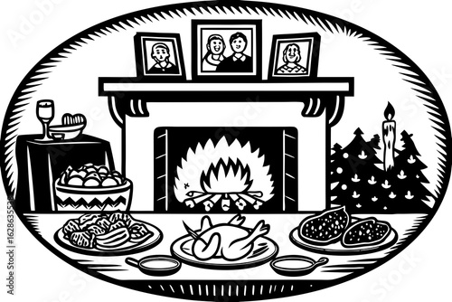 A Thanksgiving fireplace scene with food and family photos vector illustration