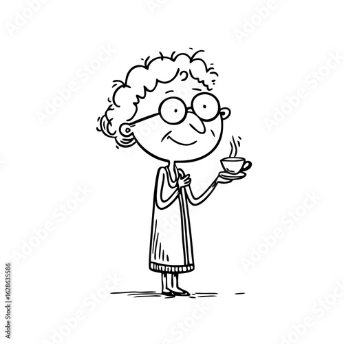 Smiling senior woman in a nightgown holding a hot cup of tea or coffee on a saucer. Cartoon doodle outline style vector illustration for comfort, relax, morning routine