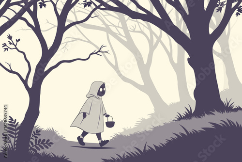 A child in costume walking through a foggy forest vector illustration
