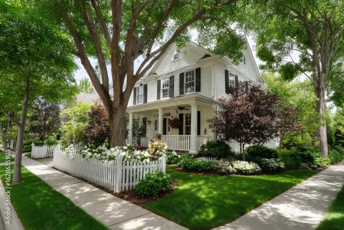 Wallpaper Mural Beautiful suburban house with a white picket fence surrounded by lush greenery and blooming flowers in early summer Torontodigital.ca