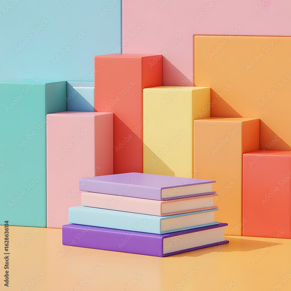 Fototapeta premium Colorful Books Stacked on a Light Orange Surface with Playful Geometric Shapes Background Education and Learning Concept