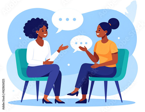 Modern flat vector illustration of two people talking with speech bubbles, great for