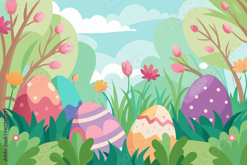 A beautiful spring meadow with many hidden Easter eggs vector illustration