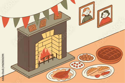 A Thanksgiving fireplace scene with food and framed family photos vector illustration