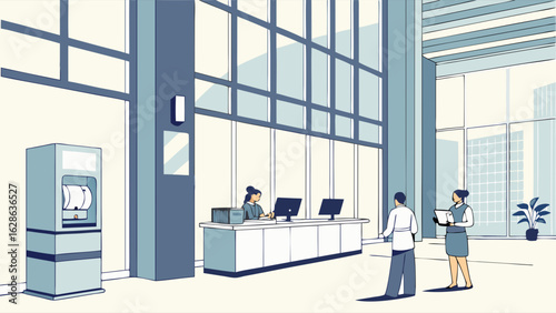 Modern corporate office lobby with reception desk. Professional receptionists assisting business visitors in a bright, spacious hall.