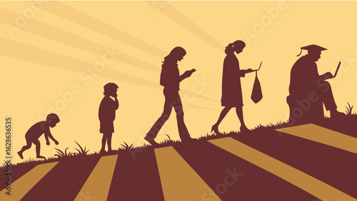 Lifelong learning and technology evolution. People's journey from childhood to graduation with digital devices and online education.