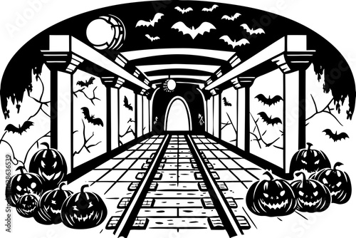 An abandoned train station with pumpkins and flying bats vector illustration