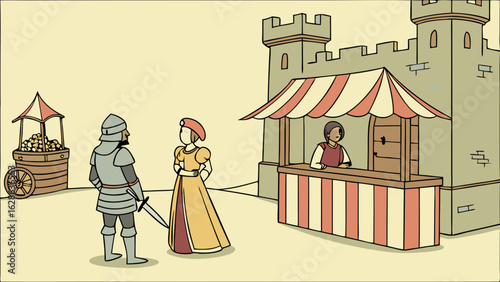 Medieval market cartoon with knight, princess, and vendor at castle. Historical fantasy illustration.