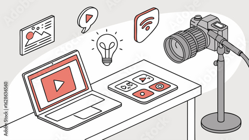 Online video content creation studio. Digital media production, live streaming, remote work, and internet communication setup.