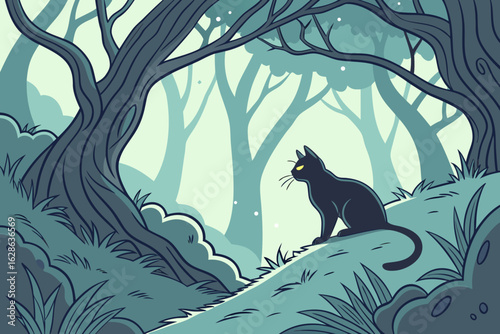 A mysterious black cat with glowing eyes in a mystical forest vector illustration