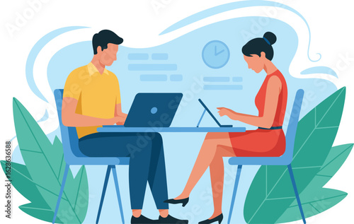 Two people working collaboratively on laptops at a table surrounded by stylized foliage